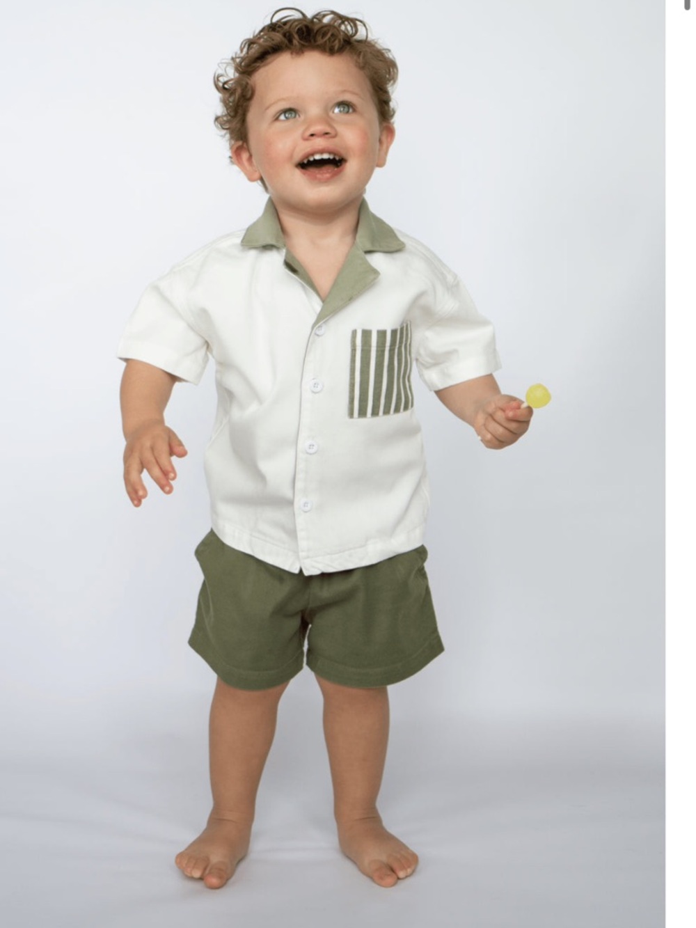Baby Two-Piece Shirt & Shorts Set - White & Olive Green